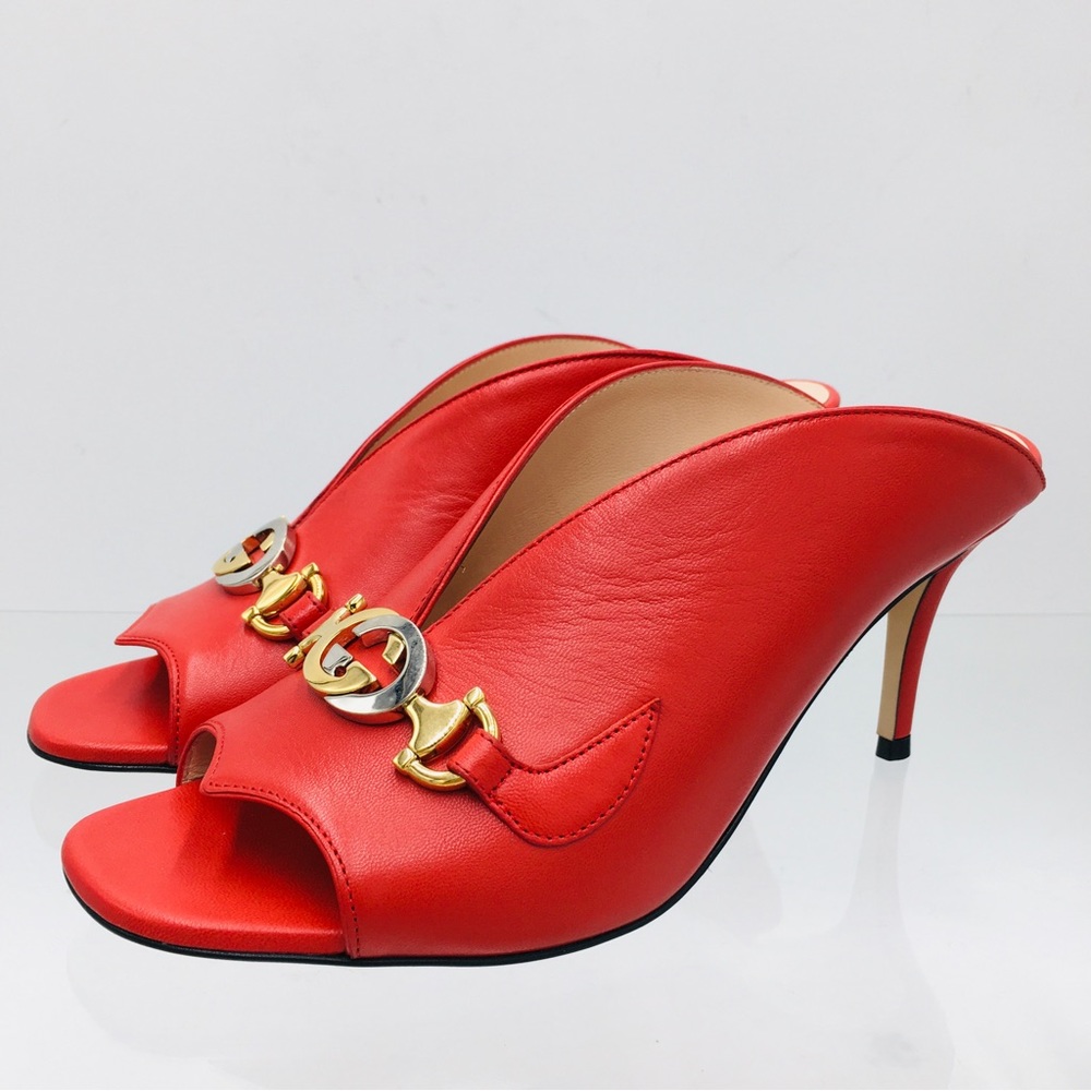 Gucci 602412 C9D00 6634 Red Leather Mid Heel Slide Sandals - Picture 7 of 13